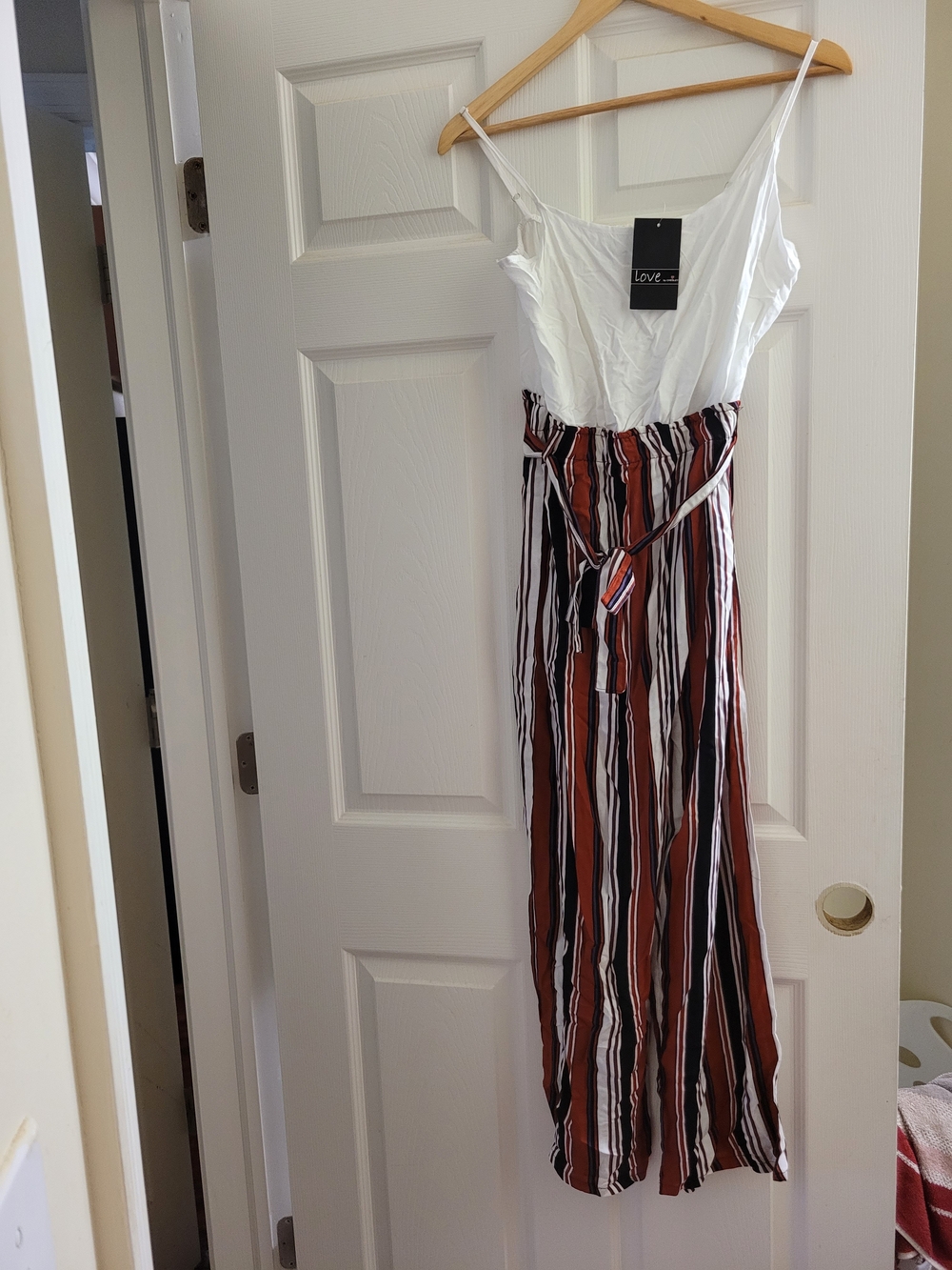 White & Rust Striped Jumpsuit Dress with Tie Waist